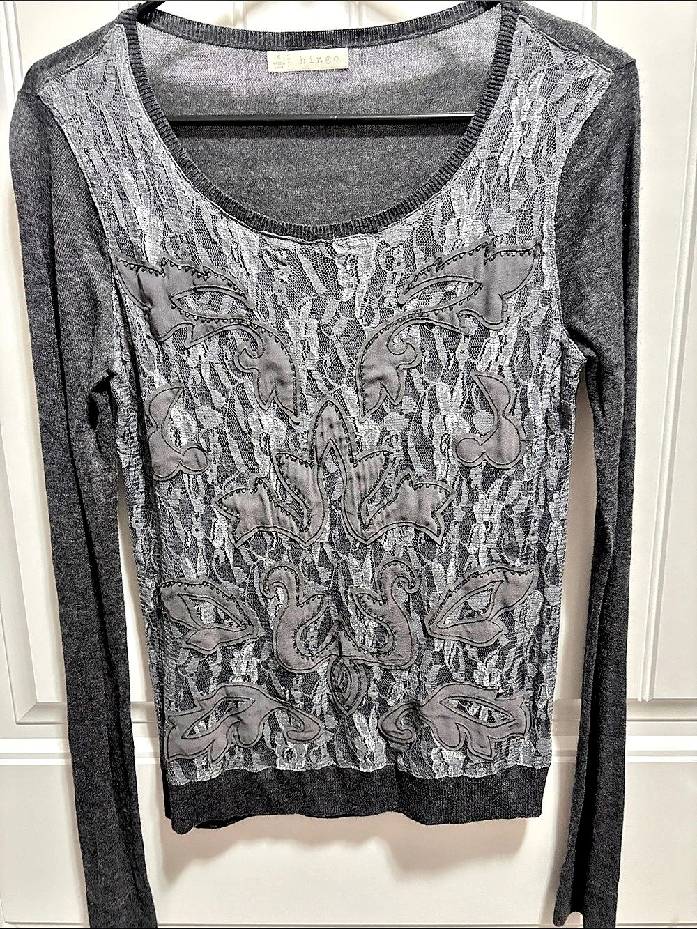 Hinge Small Angora Blend Lace Appliqué Beaded Sweater Gray